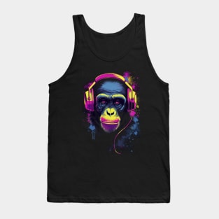 Chimpanzee with Headphones Wearing Police Sunglasses - Cool Synthwave Design Tank Top